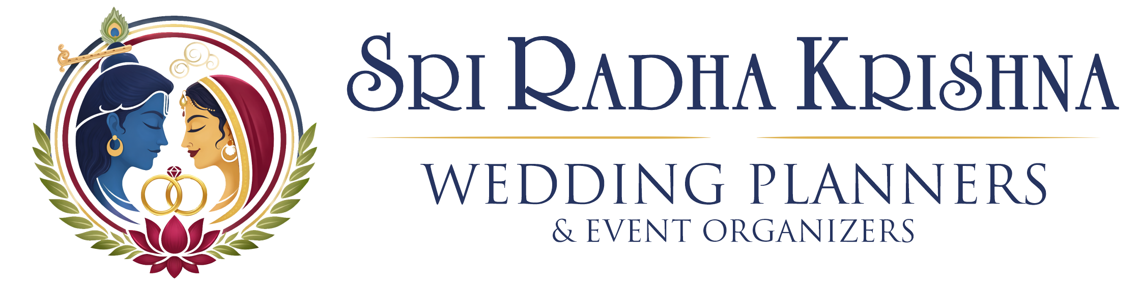 Sri Radha Krishna Wedding Planners & Event Decorators official logo featuring Radha Krishna artwork, wedding rings, lotus design, and premium branding for wedding planning, stage decoration, event decoration, and traditional wedding services.