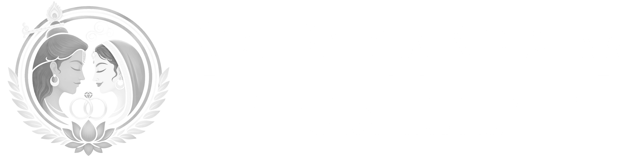 Sri Radha Krishna Wedding Planners logo with Radha Krishna illustration and wedding rings watermark
