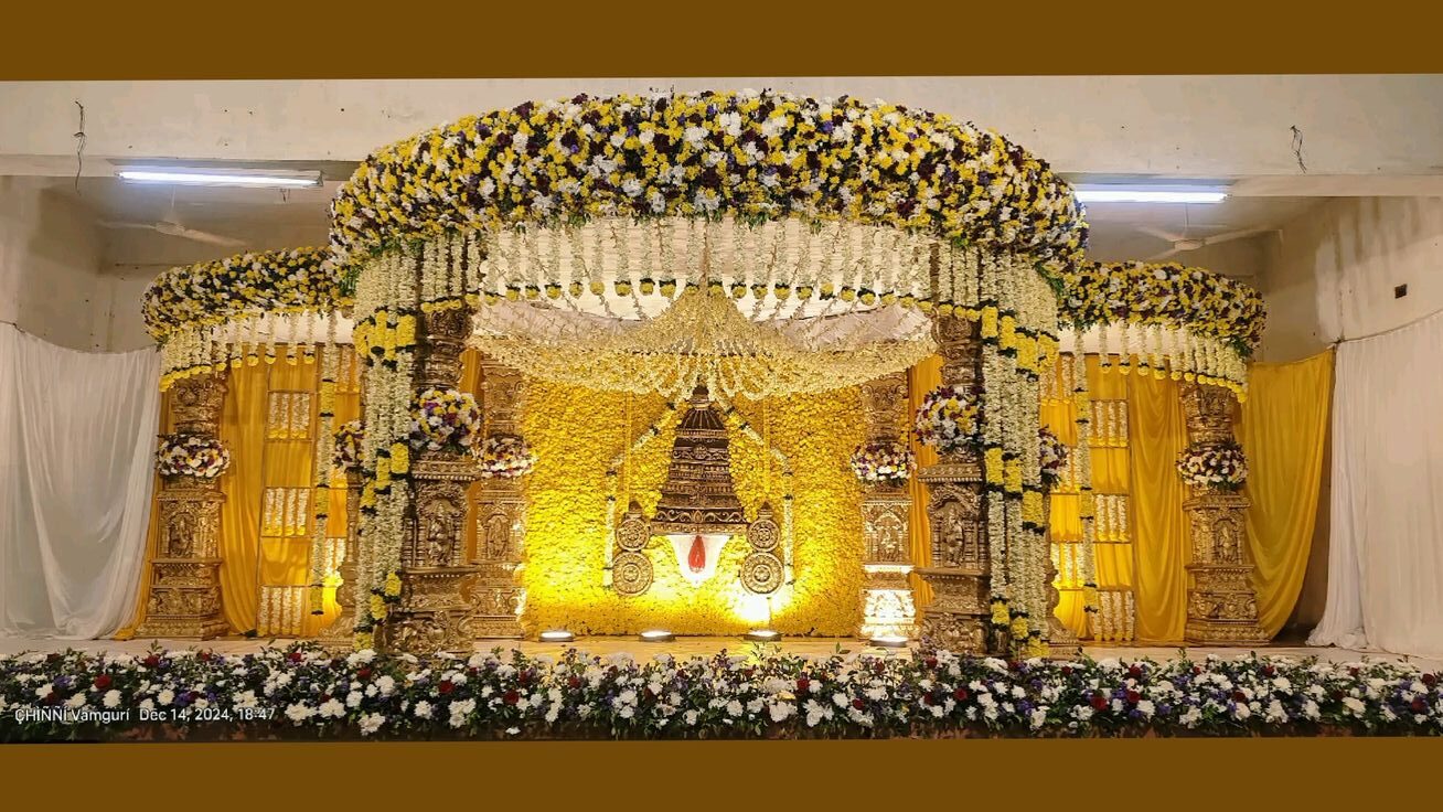 Traditional floral wedding mandap decoration with yellow backdrop in Hyderabad