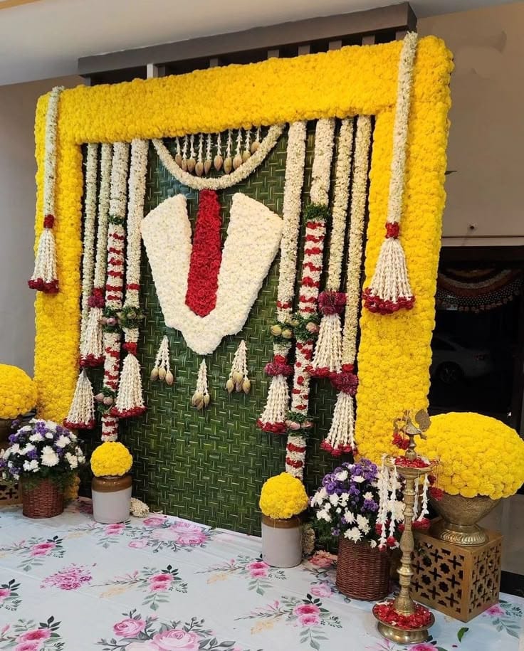 Pellikuthuru floral backdrop decoration with yellow flowers in Hyderabad