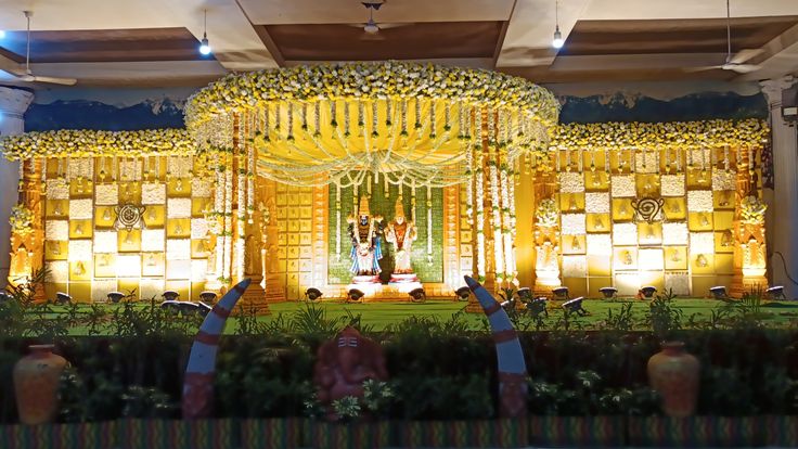 Grand traditional wedding mandap decoration with floral canopy in Hyderabad