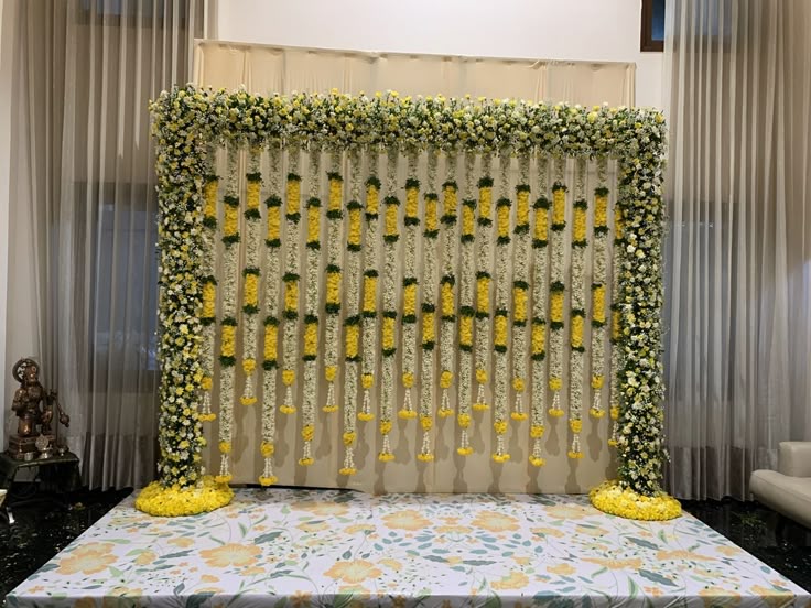 Beautiful haldi ceremony decoration setup with floral canopy, yellow backdrop, and traditional seating arrangement in Hyderabad.