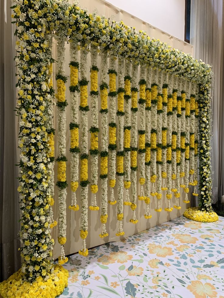 Beautiful haldi ceremony decoration setup with floral canopy, yellow backdrop, and traditional seating arrangement in Hyderabad.